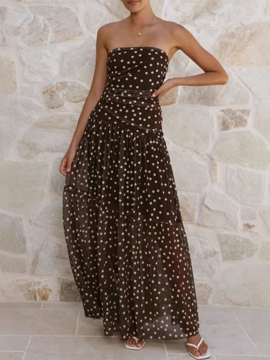 Polka Dot Strapless Ruched Maxi Dress - 