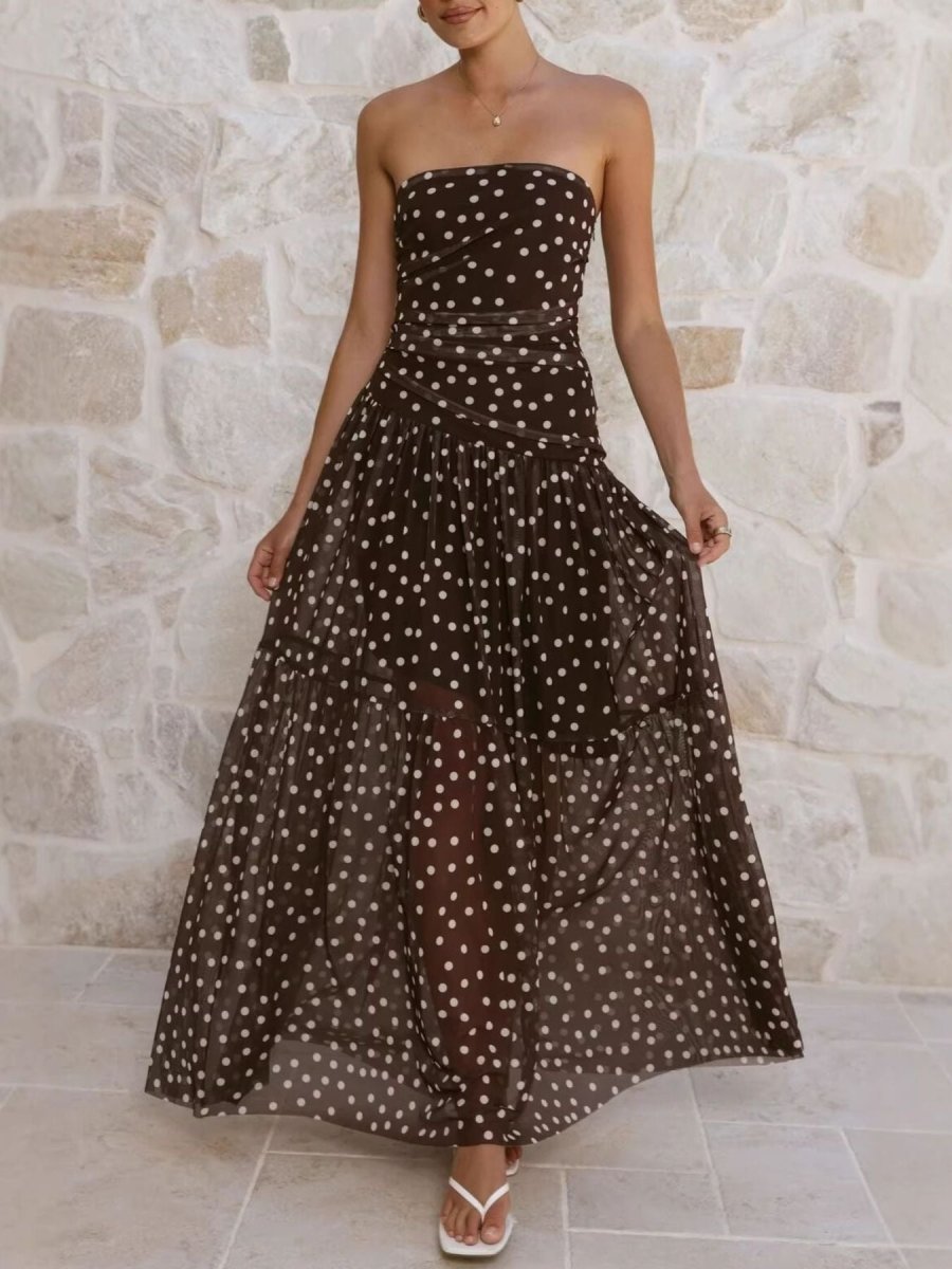 Polka Dot Strapless Ruched Maxi Dress - 