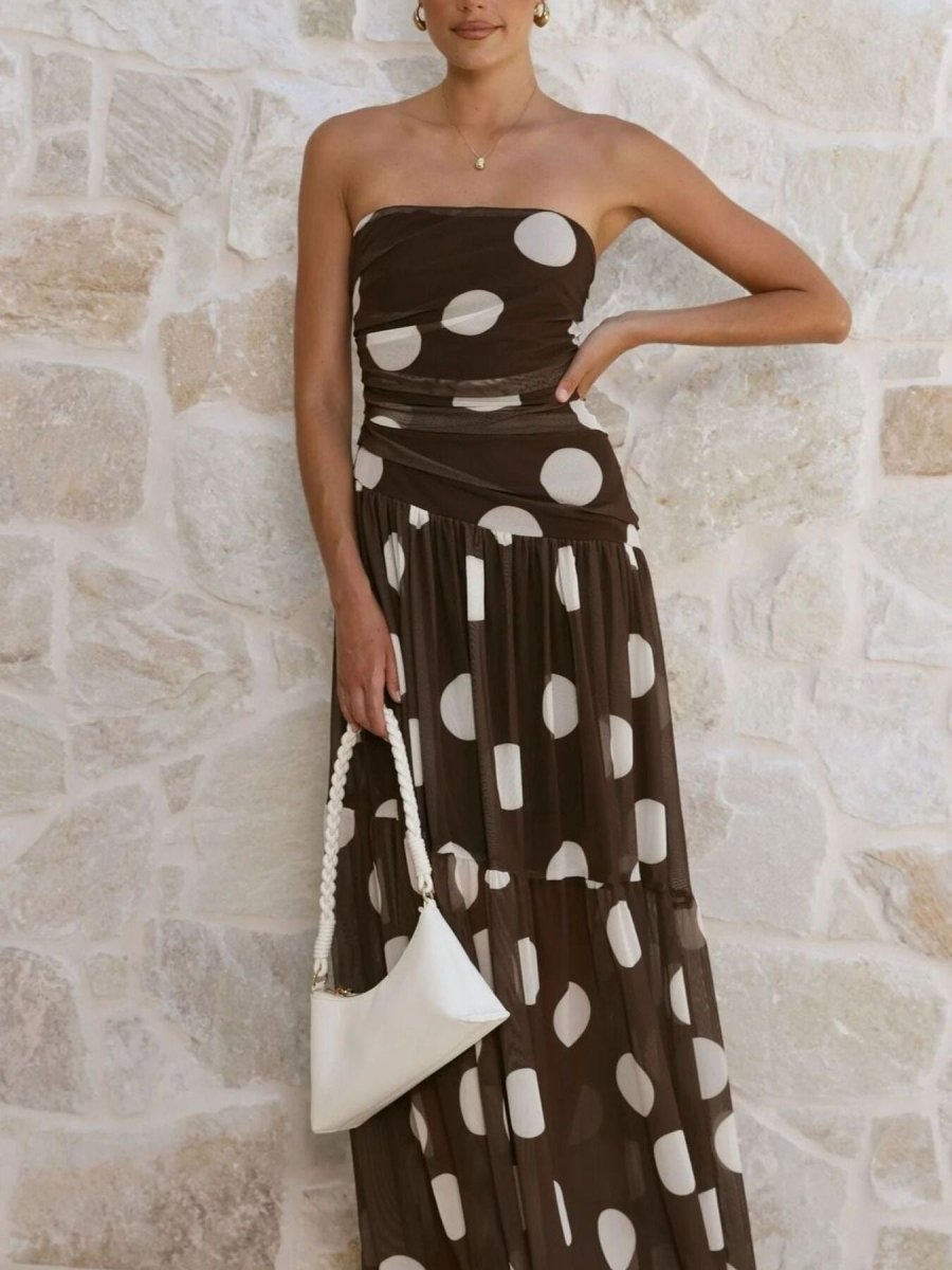 Polka Dot Strapless Ruched Maxi Dress - 