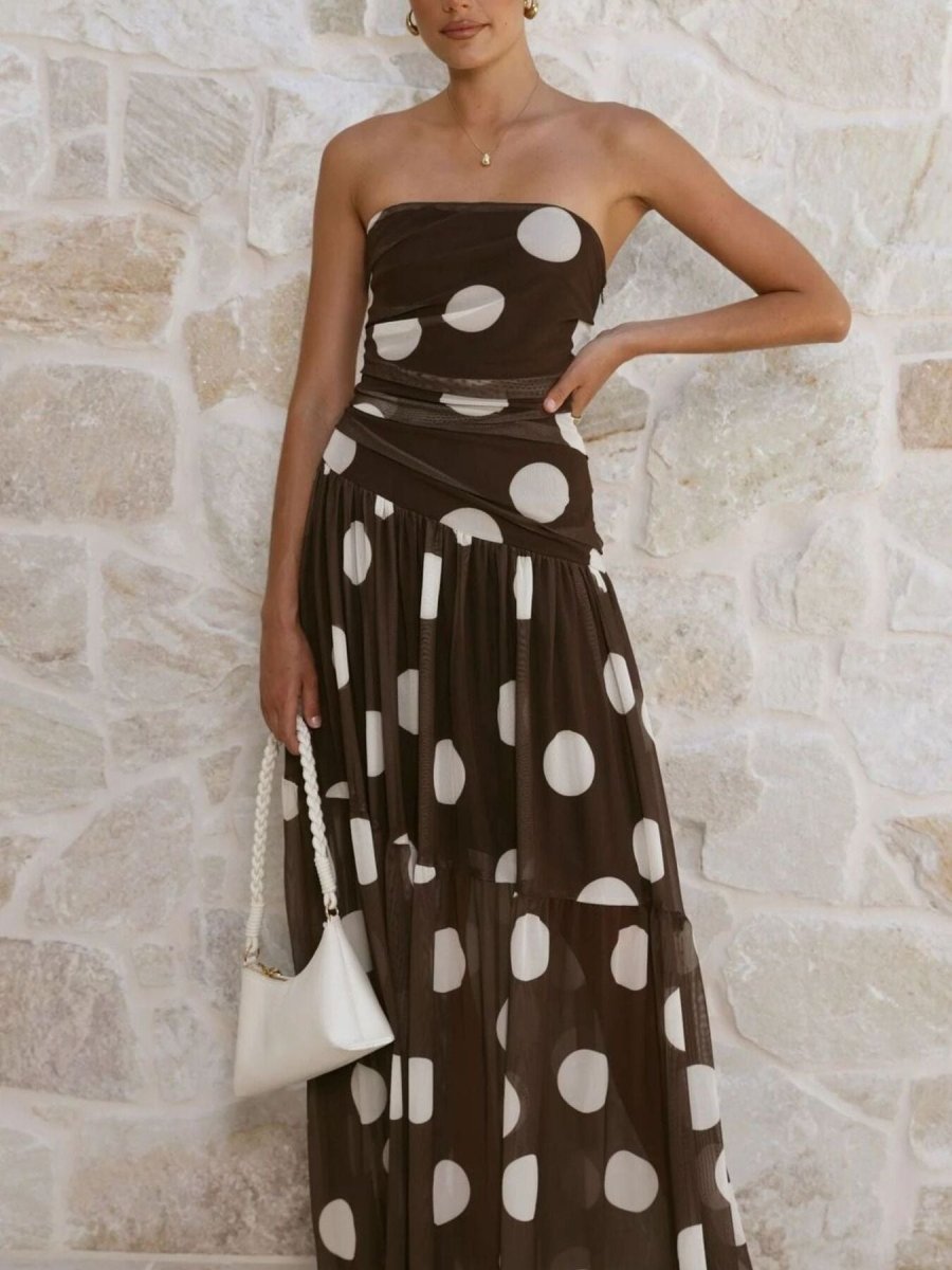Polka Dot Strapless Ruched Maxi Dress - 