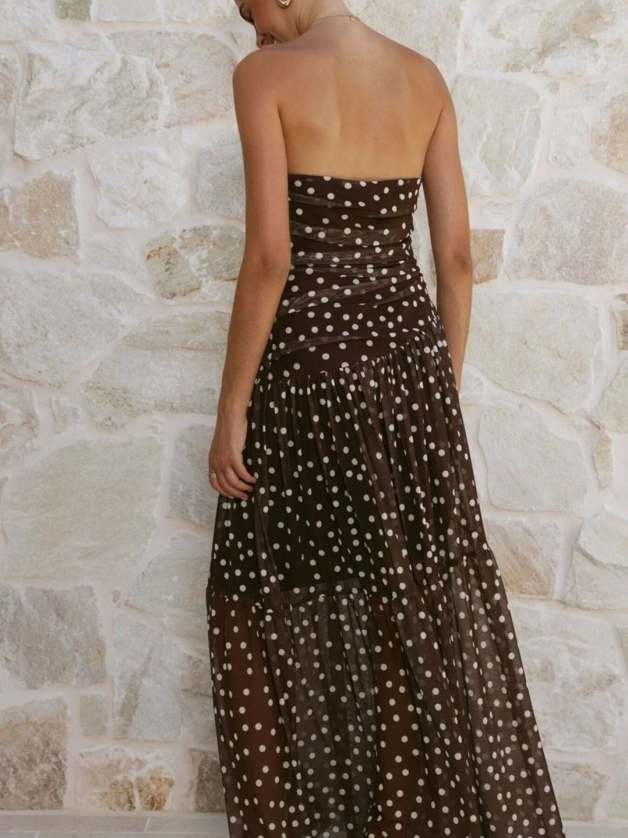 Polka Dot Strapless Ruched Maxi Dress - 
