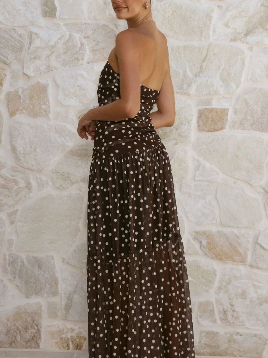 Polka Dot Strapless Ruched Maxi Dress - 