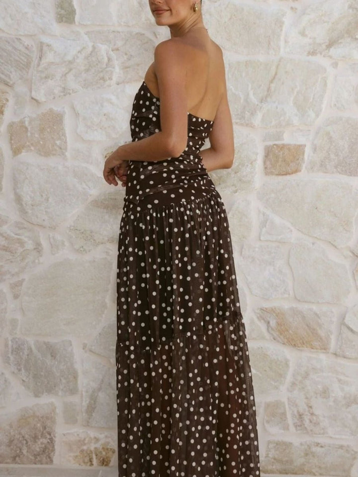 Polka Dot Strapless Ruched Maxi Dress - 