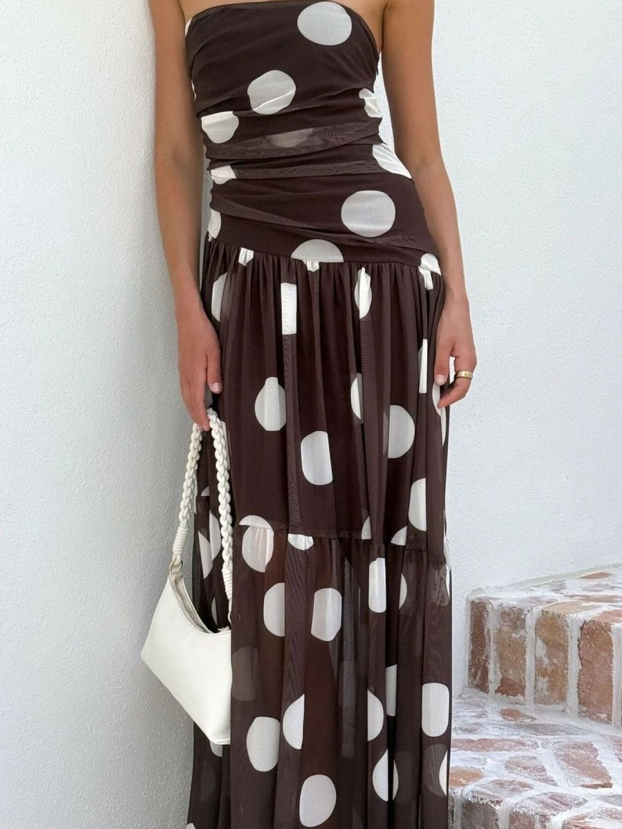 Polka Dot Strapless Ruched Maxi Dress - 