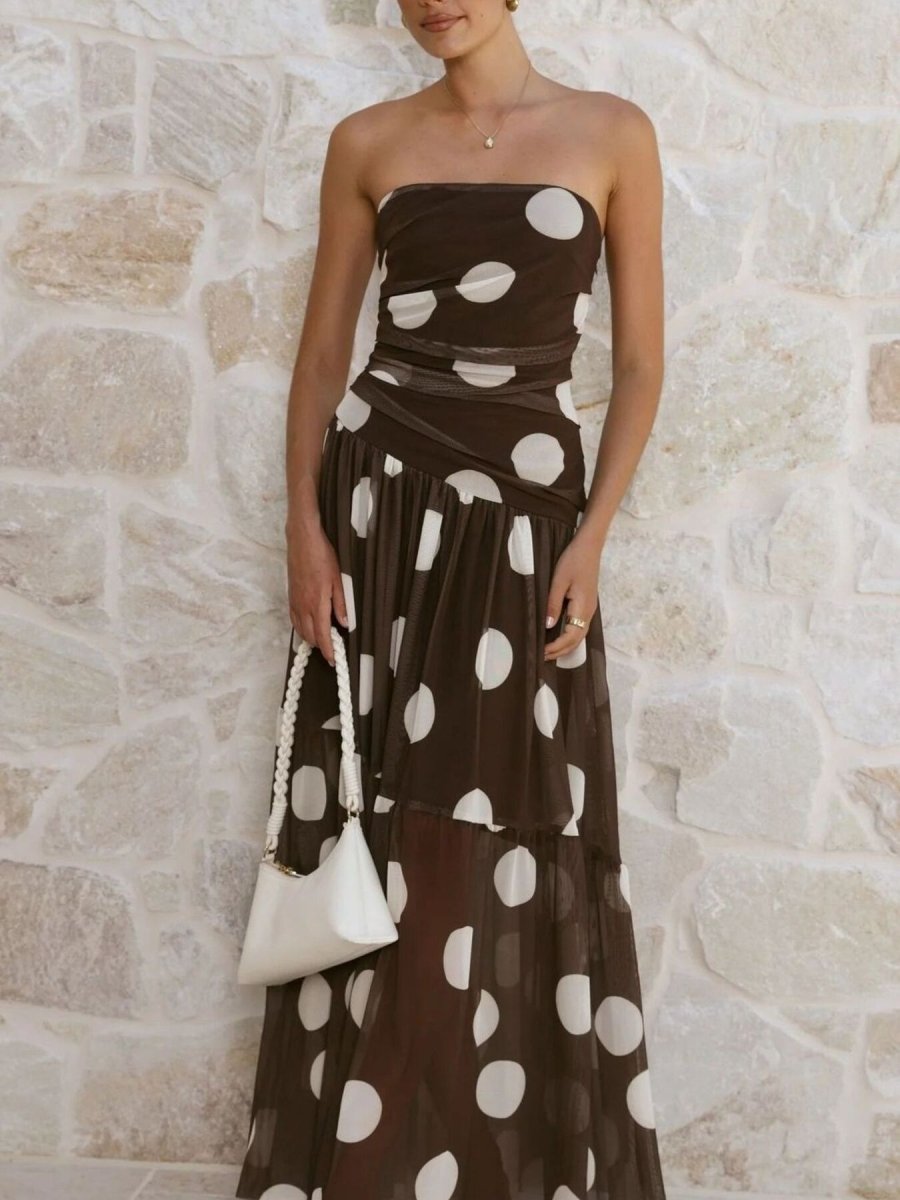 Polka Dot Strapless Ruched Maxi Dress - 