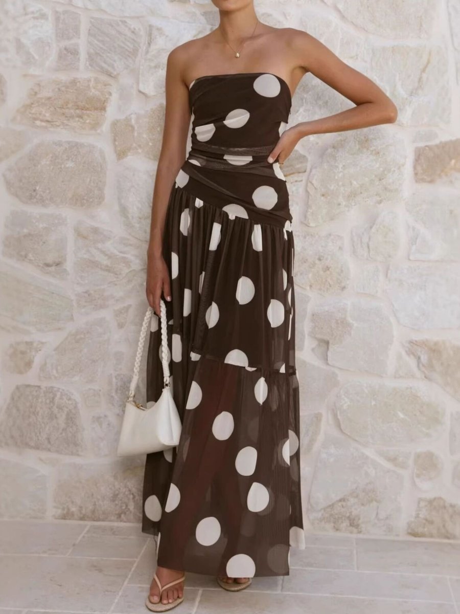 Polka Dot Strapless Ruched Maxi Dress - 