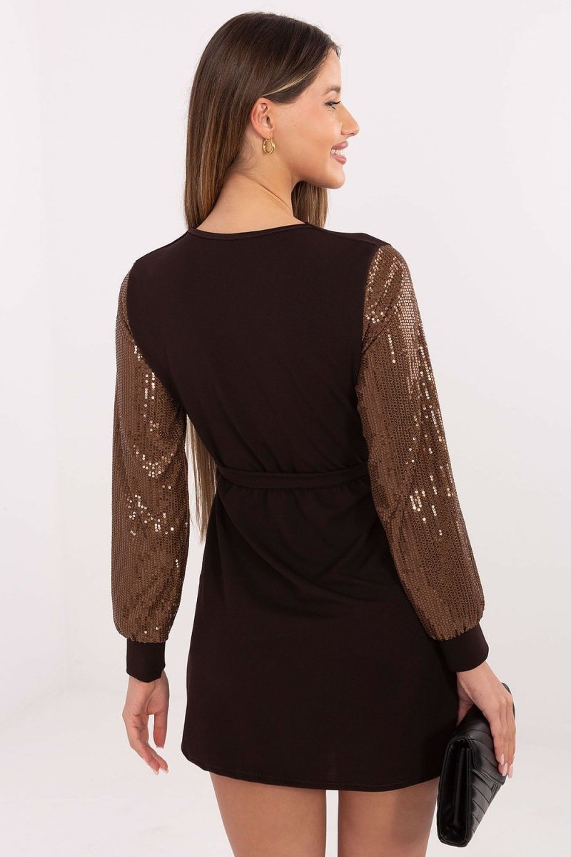 Polyester Wrap Neck Mini Dress with Sequins - 