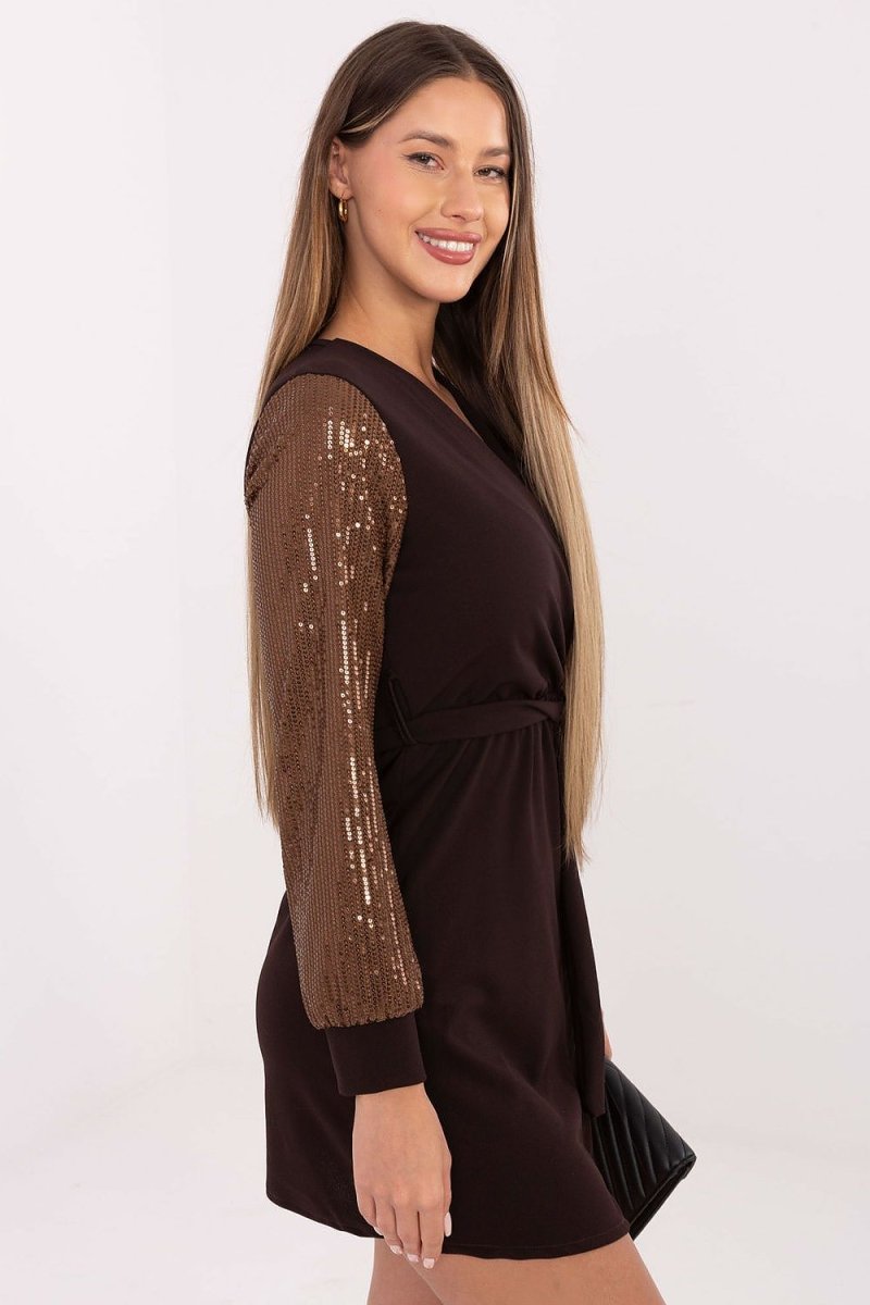 Polyester Wrap Neck Mini Dress with Sequins - 