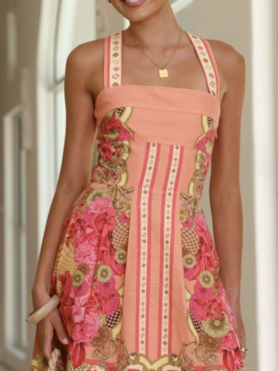 Printed Back Smocked Sleeveless Mini Dress - 