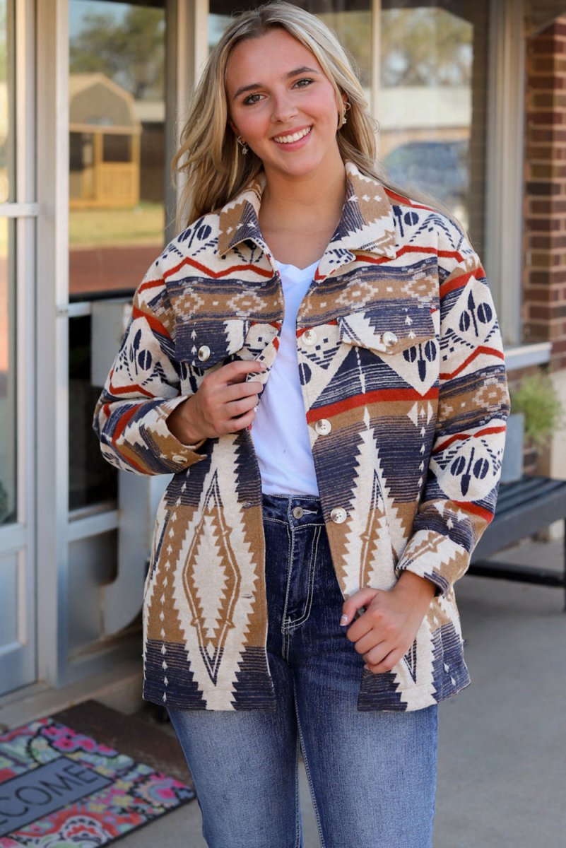 Printed Button Down Collared Jacket - Outerwear