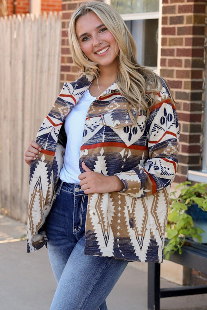 Printed Button Down Collared Jacket - Outerwear