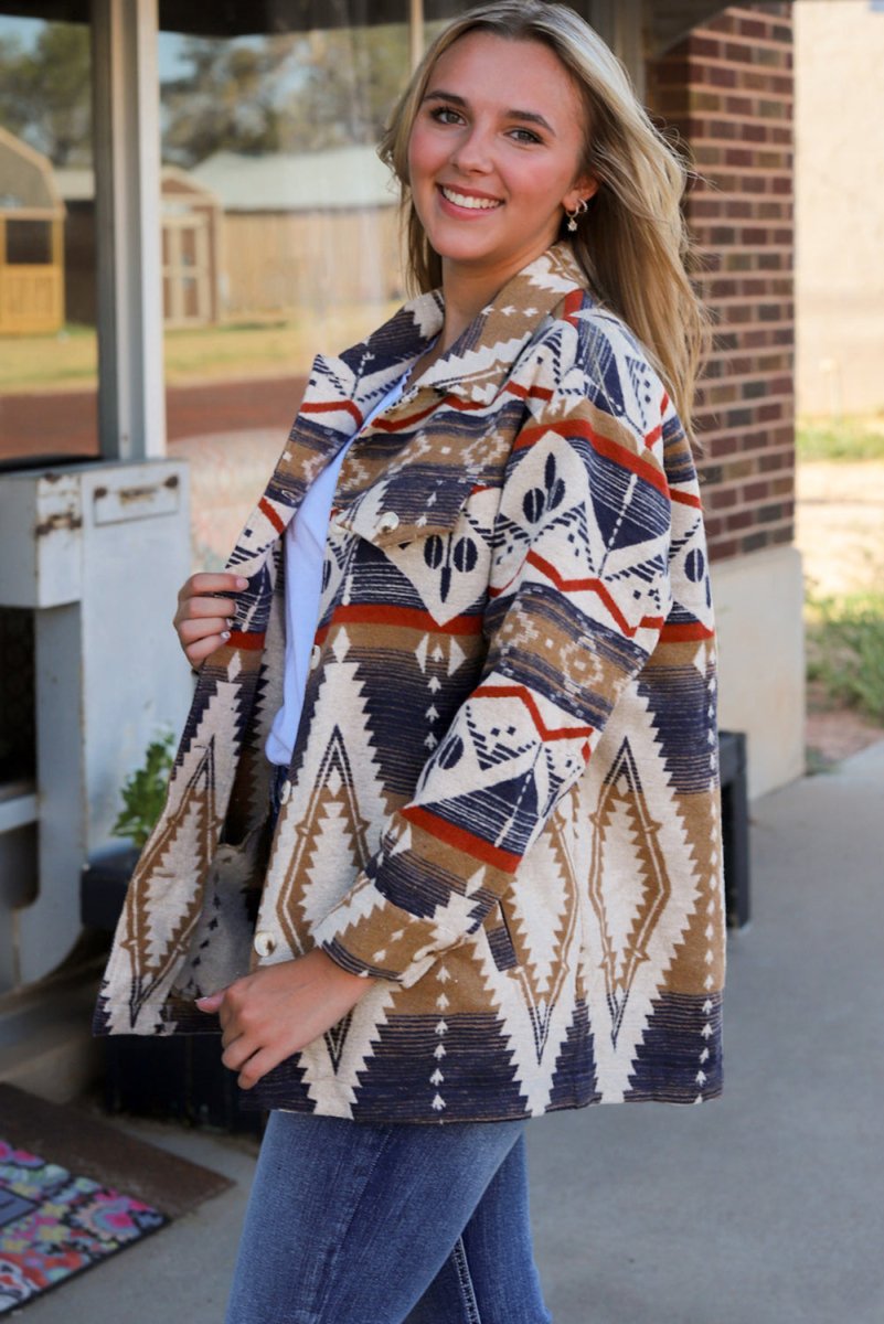 Printed Button Down Collared Jacket - Outerwear