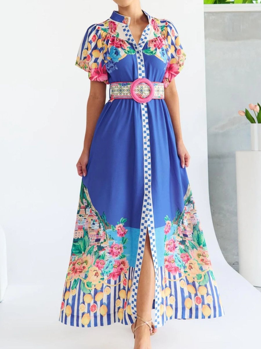 Printed Button Front Puff Sleeve Maxi Dress - 