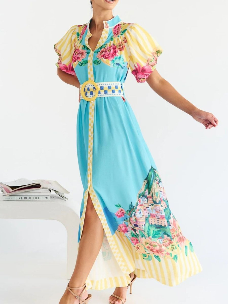 Printed Button Front Puff Sleeve Maxi Dress - 