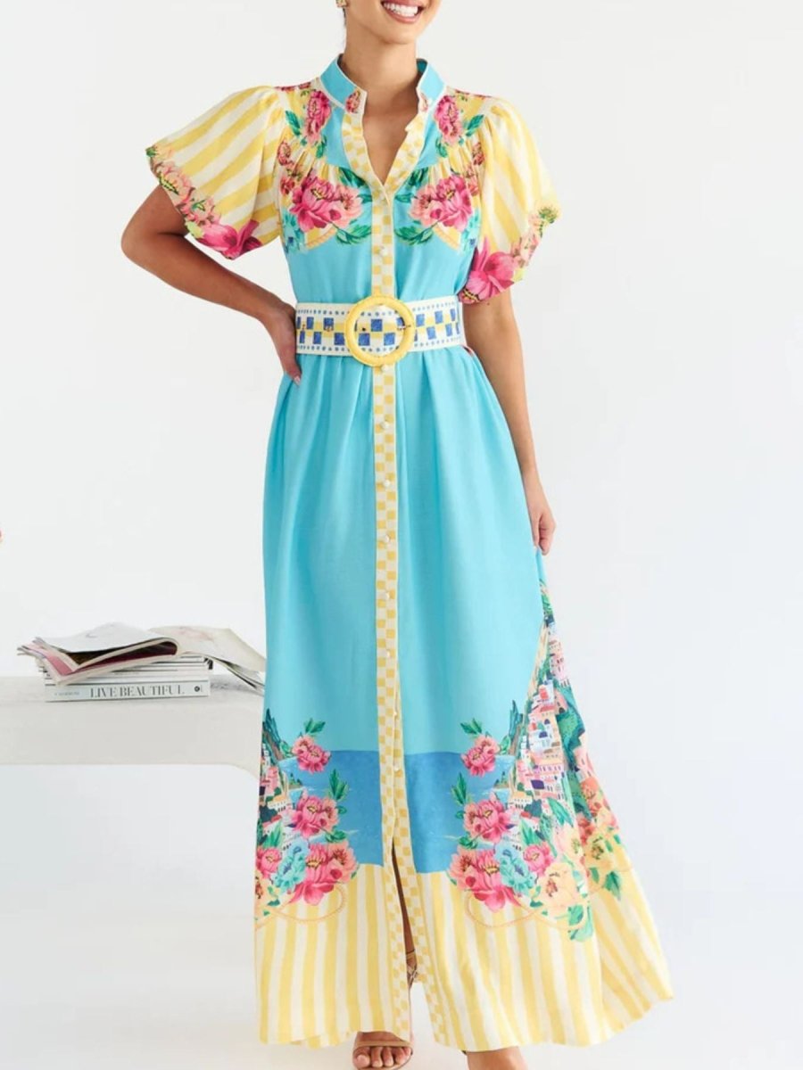 Printed Button Front Puff Sleeve Maxi Dress - 
