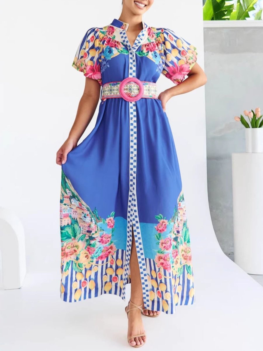Printed Button Front Puff Sleeve Maxi Dress - 