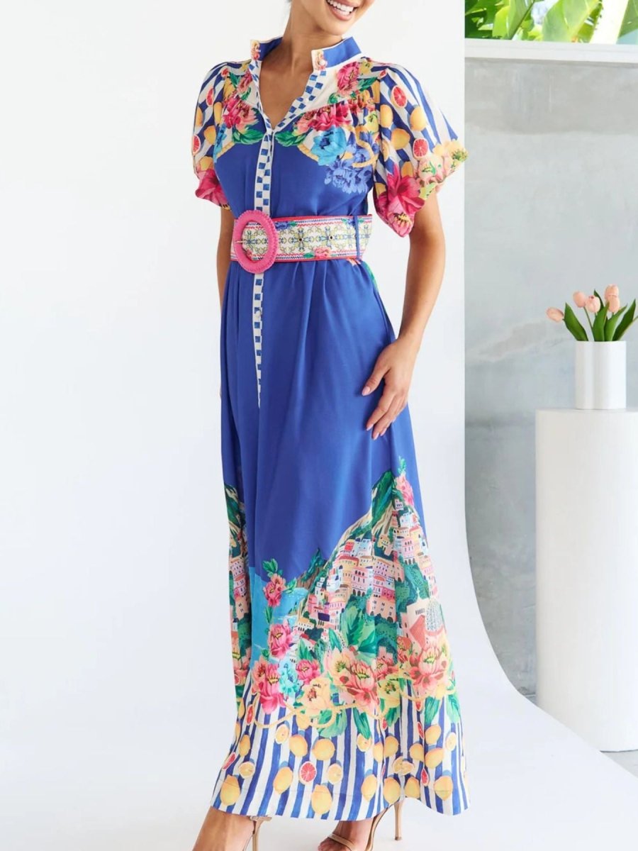 Printed Button Front Puff Sleeve Maxi Dress - 