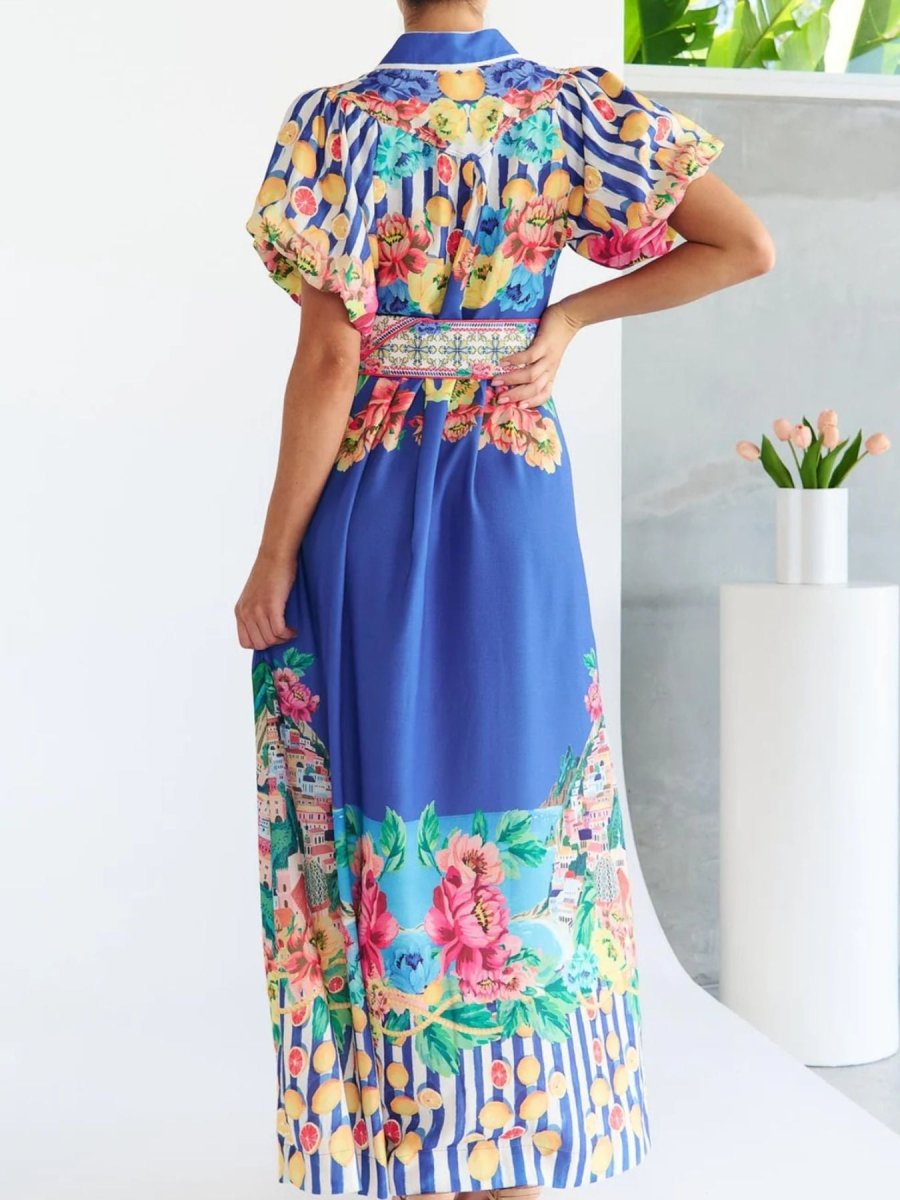 Printed Button Front Puff Sleeve Maxi Dress - 