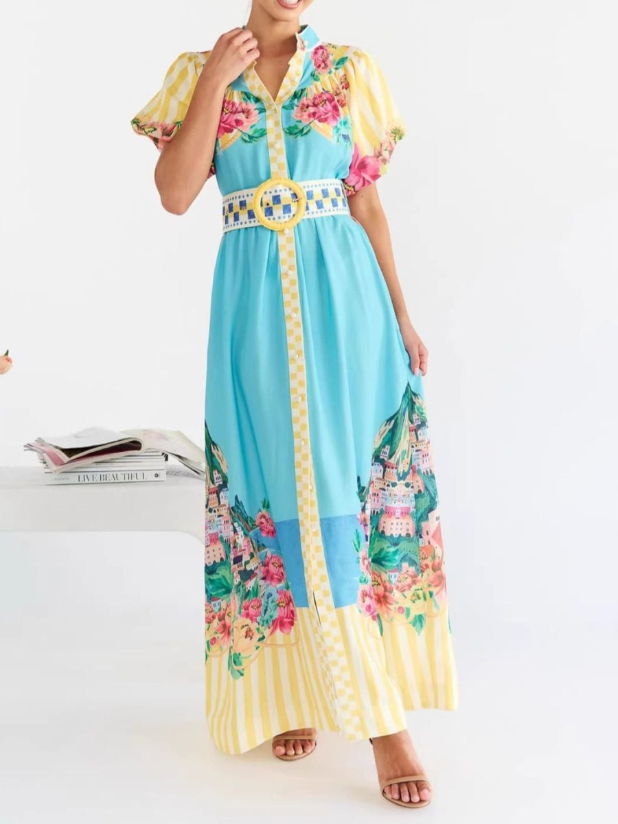 Printed Button Front Puff Sleeve Maxi Dress - 