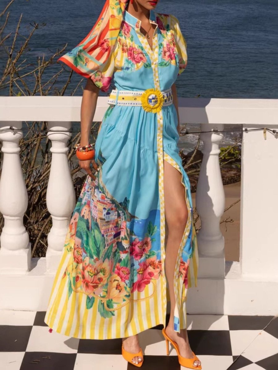 Printed Button Front Puff Sleeve Maxi Dress - 