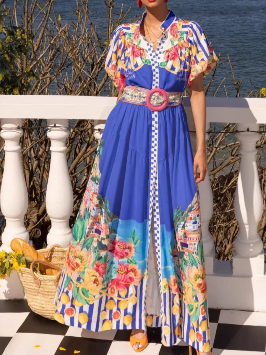 Printed Button Front Puff Sleeve Maxi Dress - 