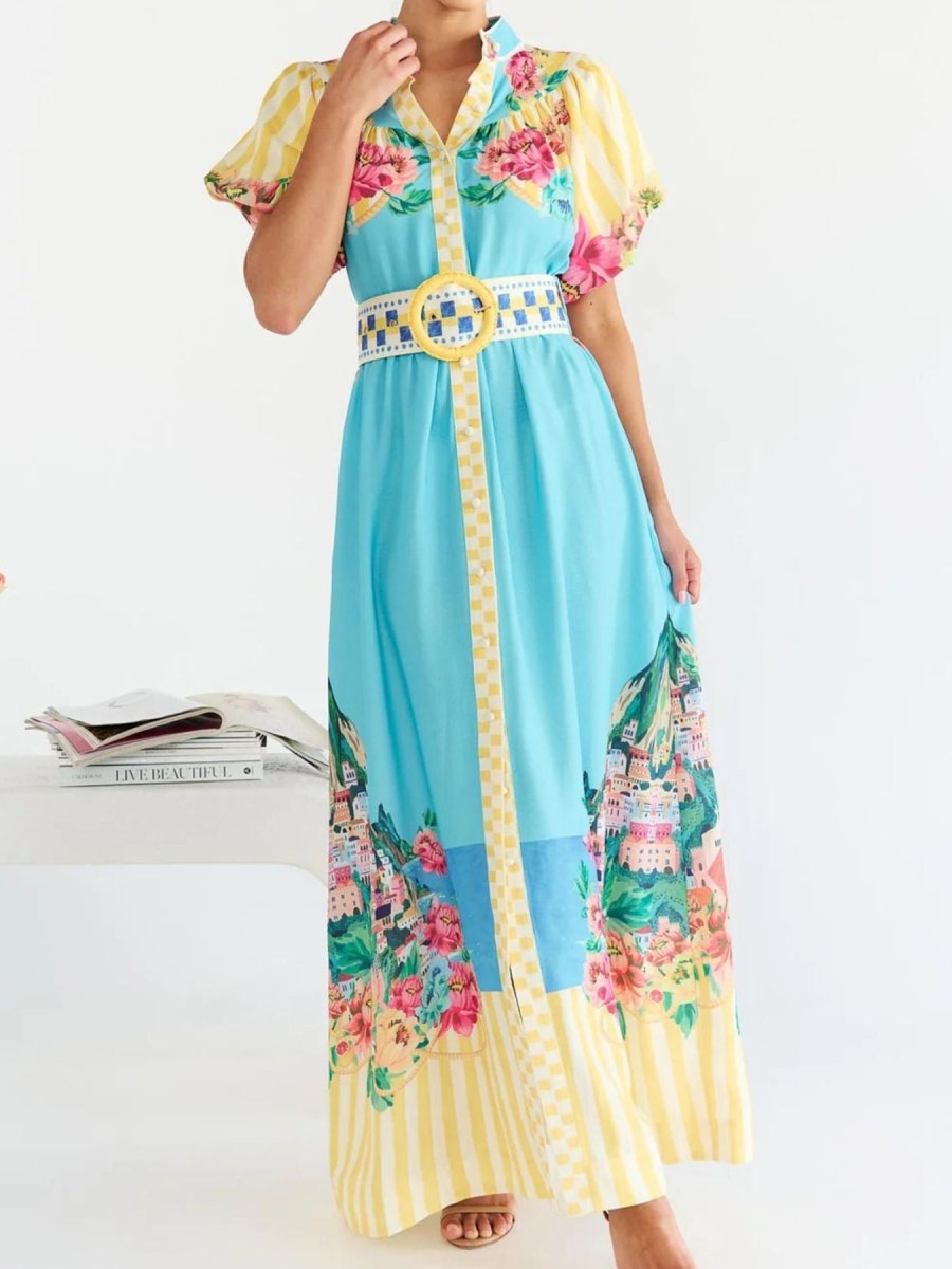 Printed Button Front Puff Sleeve Maxi Dress - 