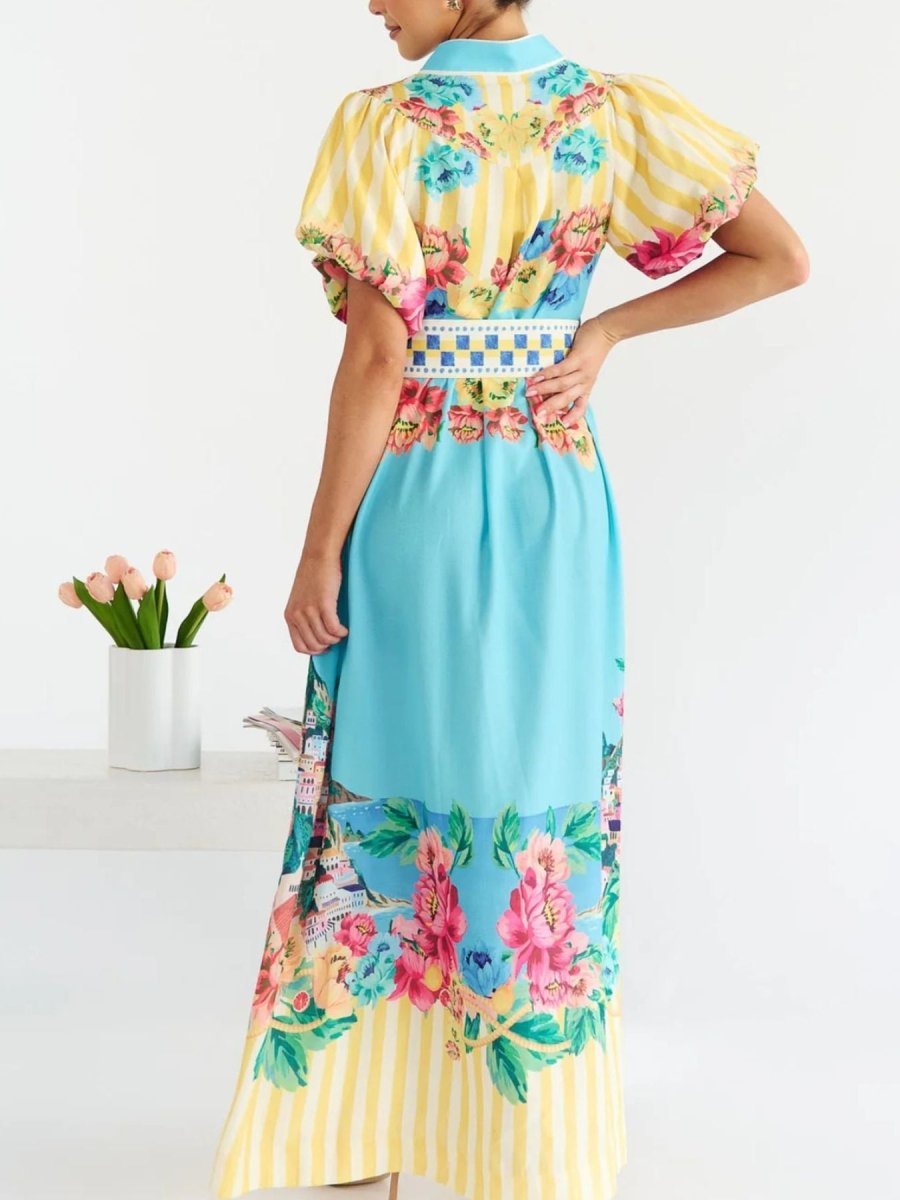 Printed Button Front Puff Sleeve Maxi Dress - 