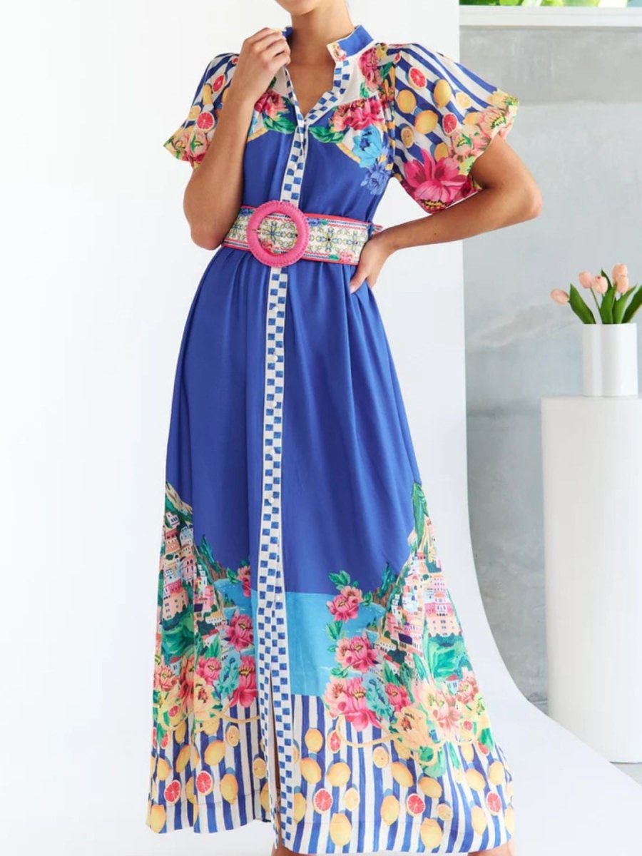 Printed Button Front Puff Sleeve Maxi Dress - 