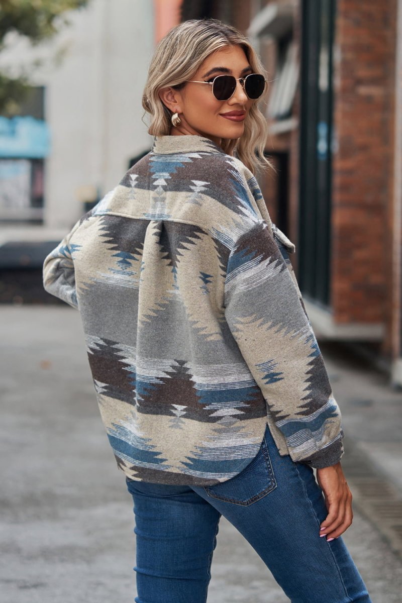 Printed Collared Neck Jacket - Outerwear