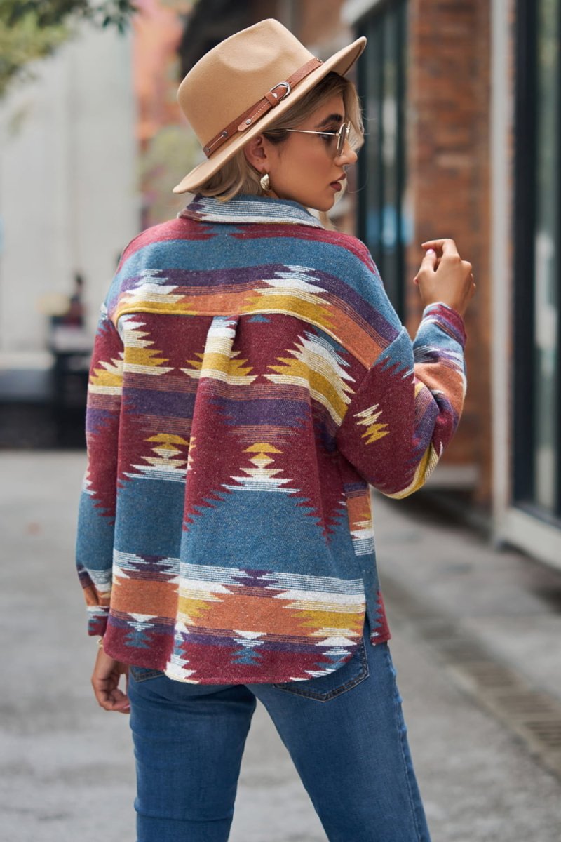 Printed Collared Neck Jacket - Outerwear