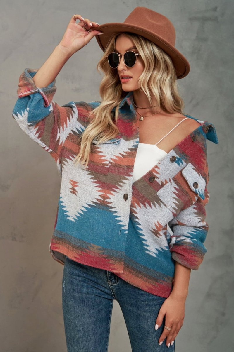 Printed Collared Neck Jacket - Outerwear