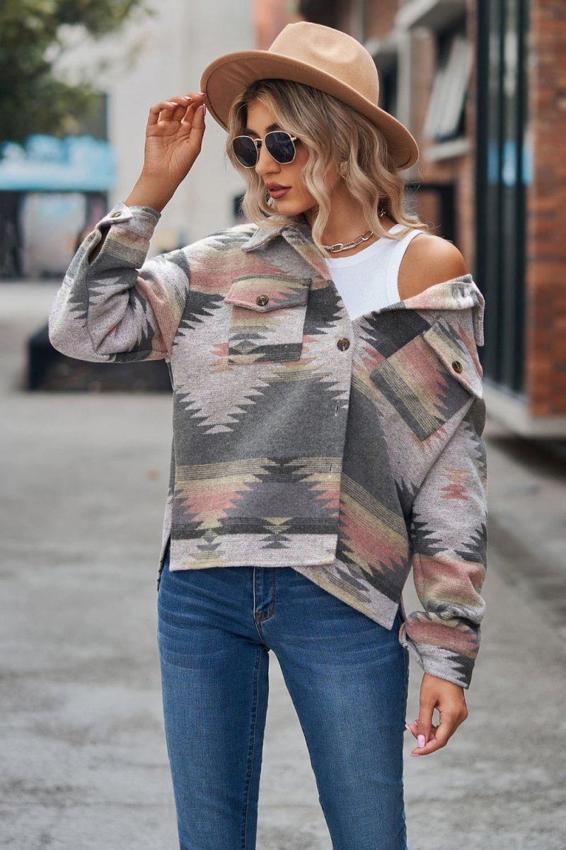 Printed Collared Neck Jacket - Outerwear