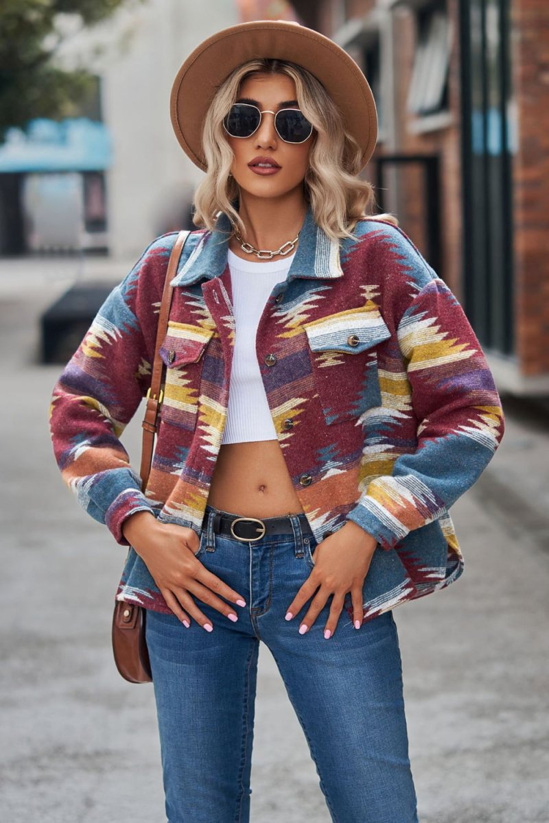 Printed Collared Neck Jacket - Outerwear