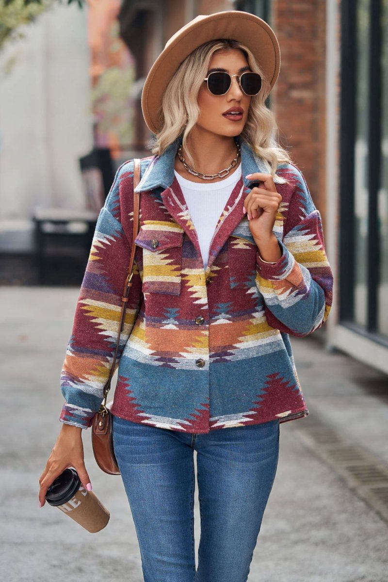 Printed Collared Neck Jacket - Outerwear