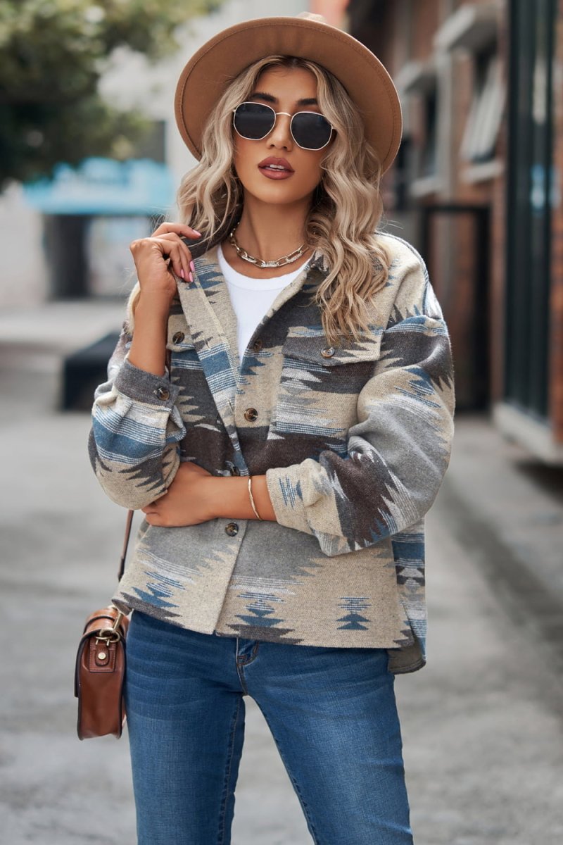 Printed Collared Neck Jacket - Outerwear