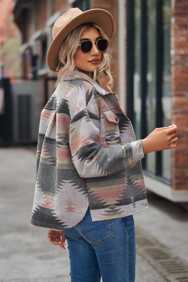 Printed Collared Neck Jacket - Outerwear