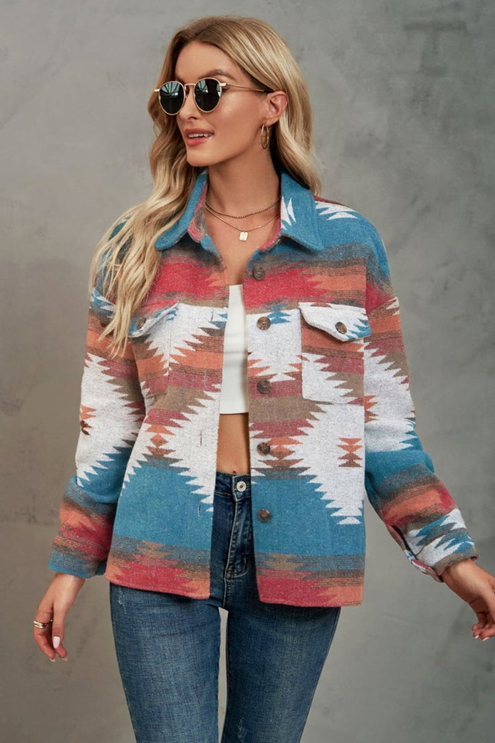 Printed Collared Neck Jacket - Outerwear