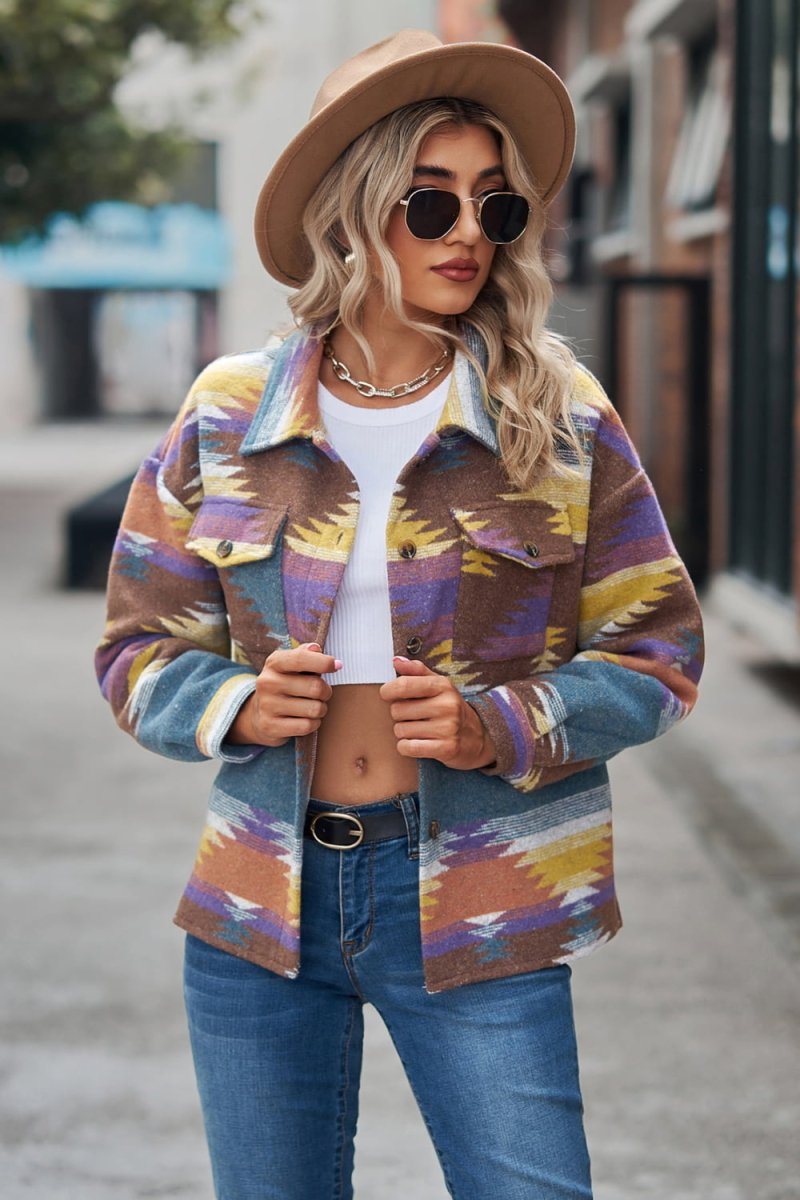 Printed Collared Neck Jacket - Outerwear