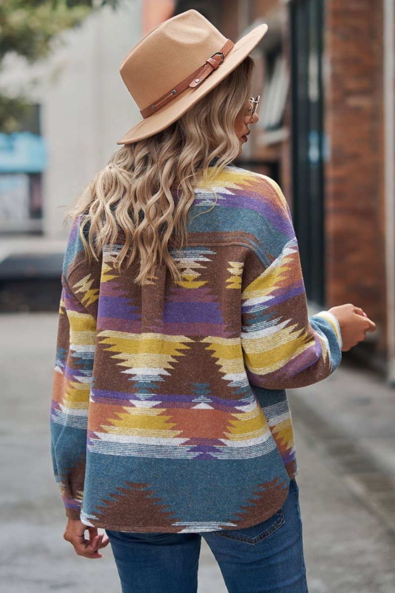 Printed Collared Neck Jacket - Outerwear