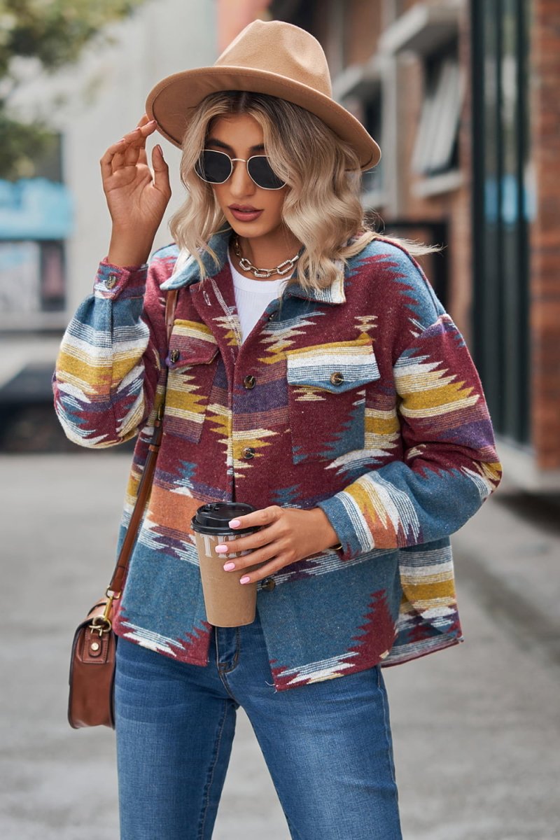 Printed Collared Neck Jacket - Outerwear