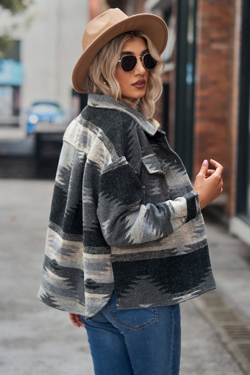 Printed Collared Neck Jacket - Outerwear