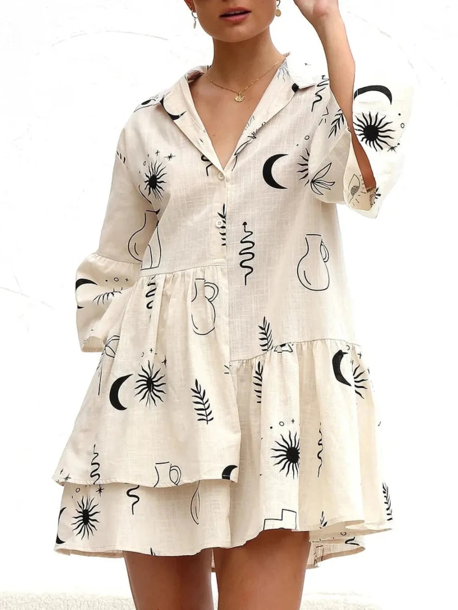 Printed Collared Neck Three - Quarter Sleeve Dress - 