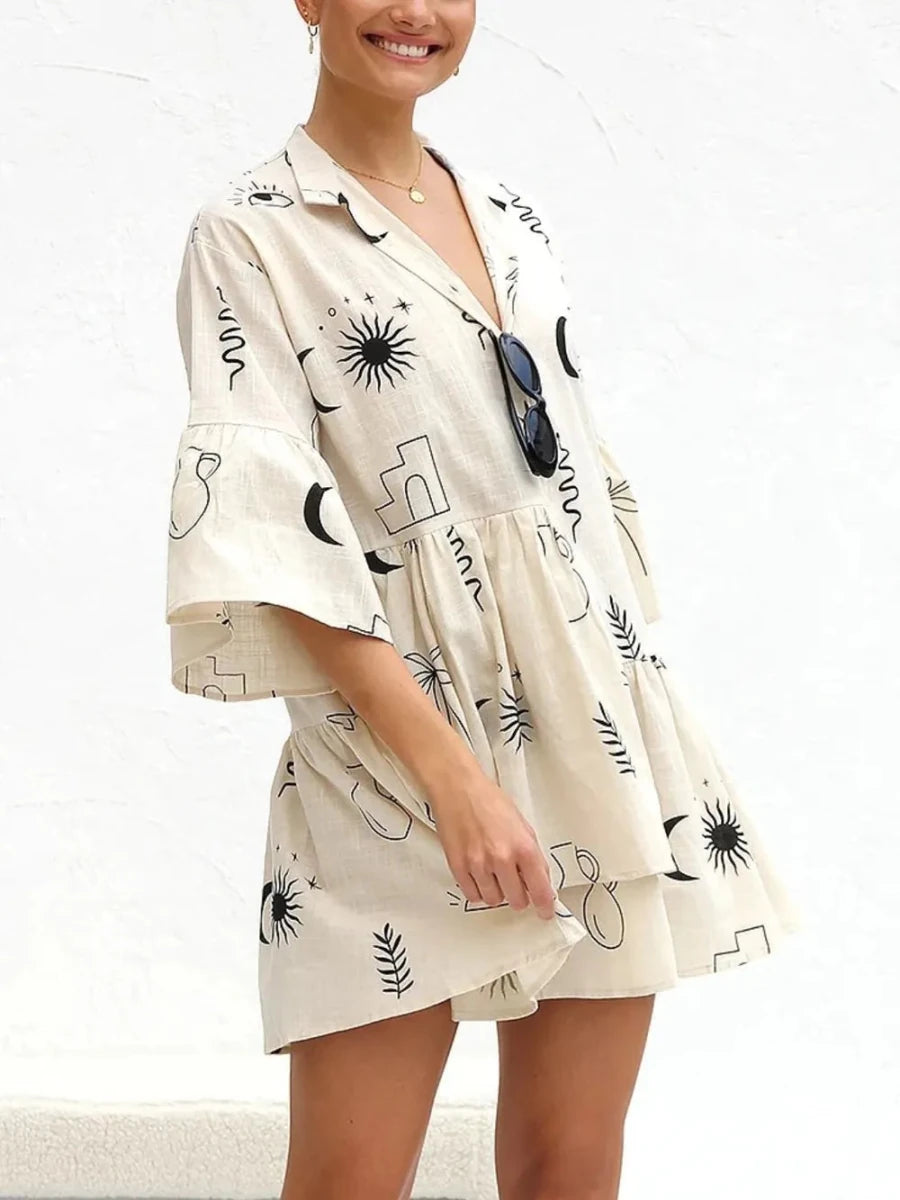Printed Collared Neck Three - Quarter Sleeve Dress - 