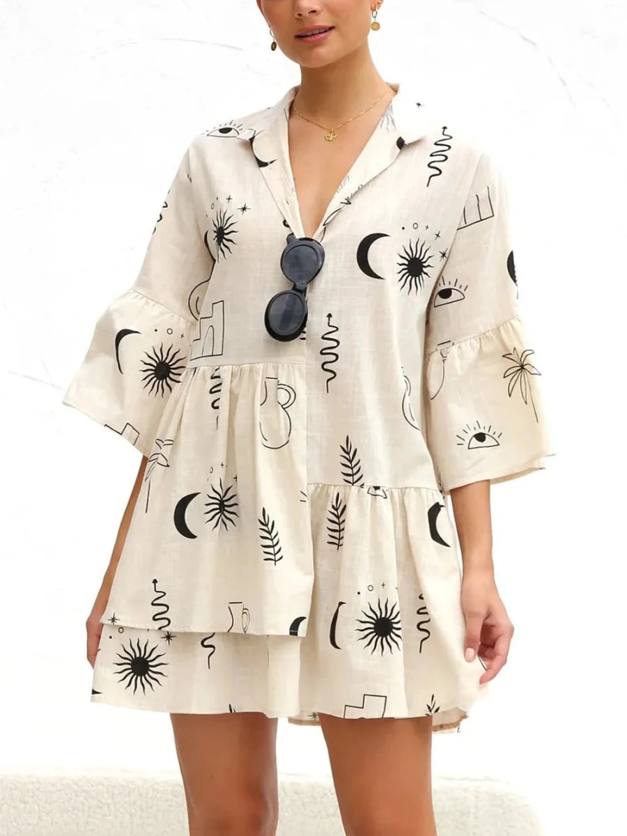 Printed Collared Neck Three - Quarter Sleeve Dress - 