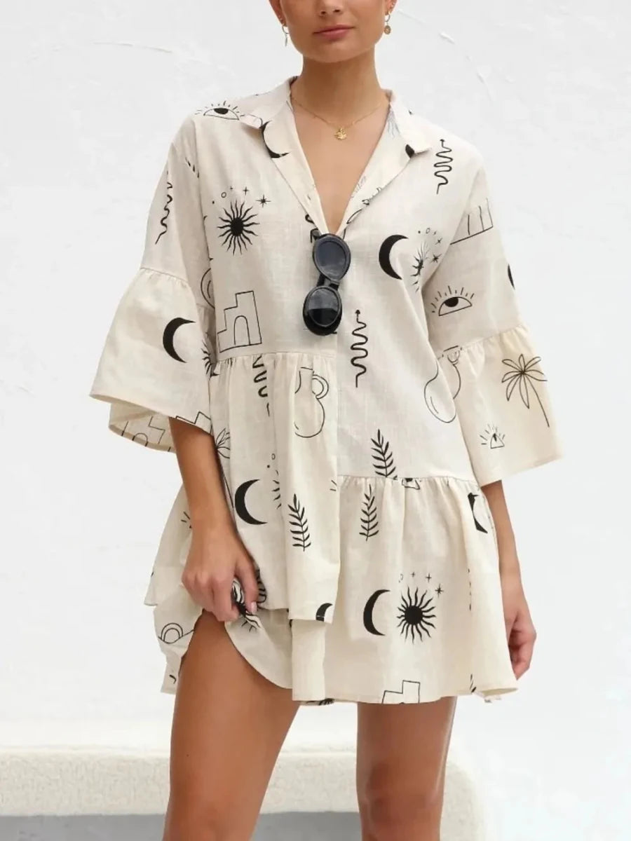 Printed Collared Neck Three - Quarter Sleeve Dress - 