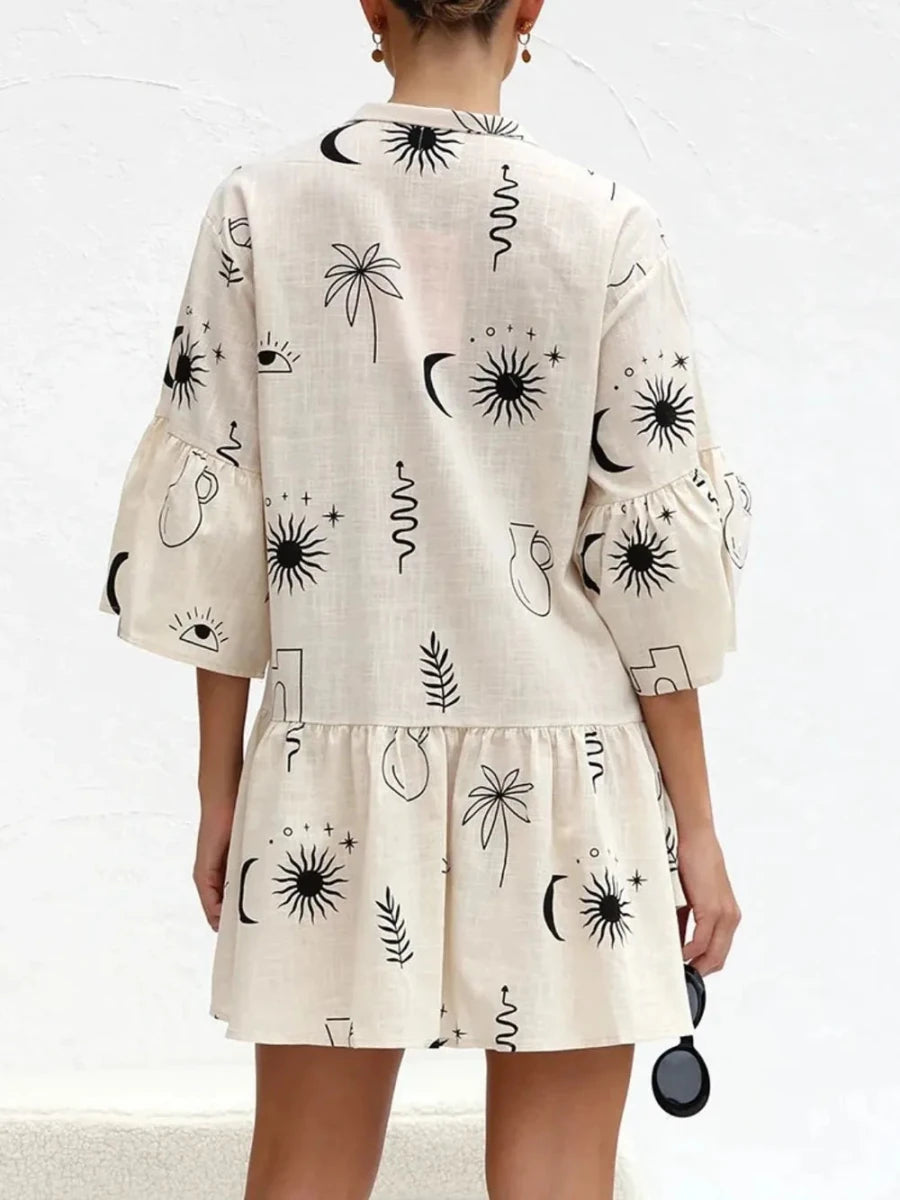 Printed Collared Neck Three - Quarter Sleeve Dress - 