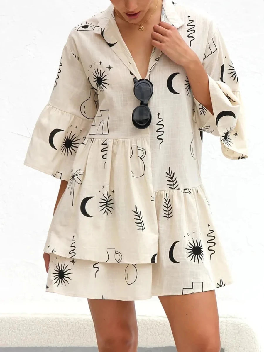 Printed Collared Neck Three - Quarter Sleeve Dress - 