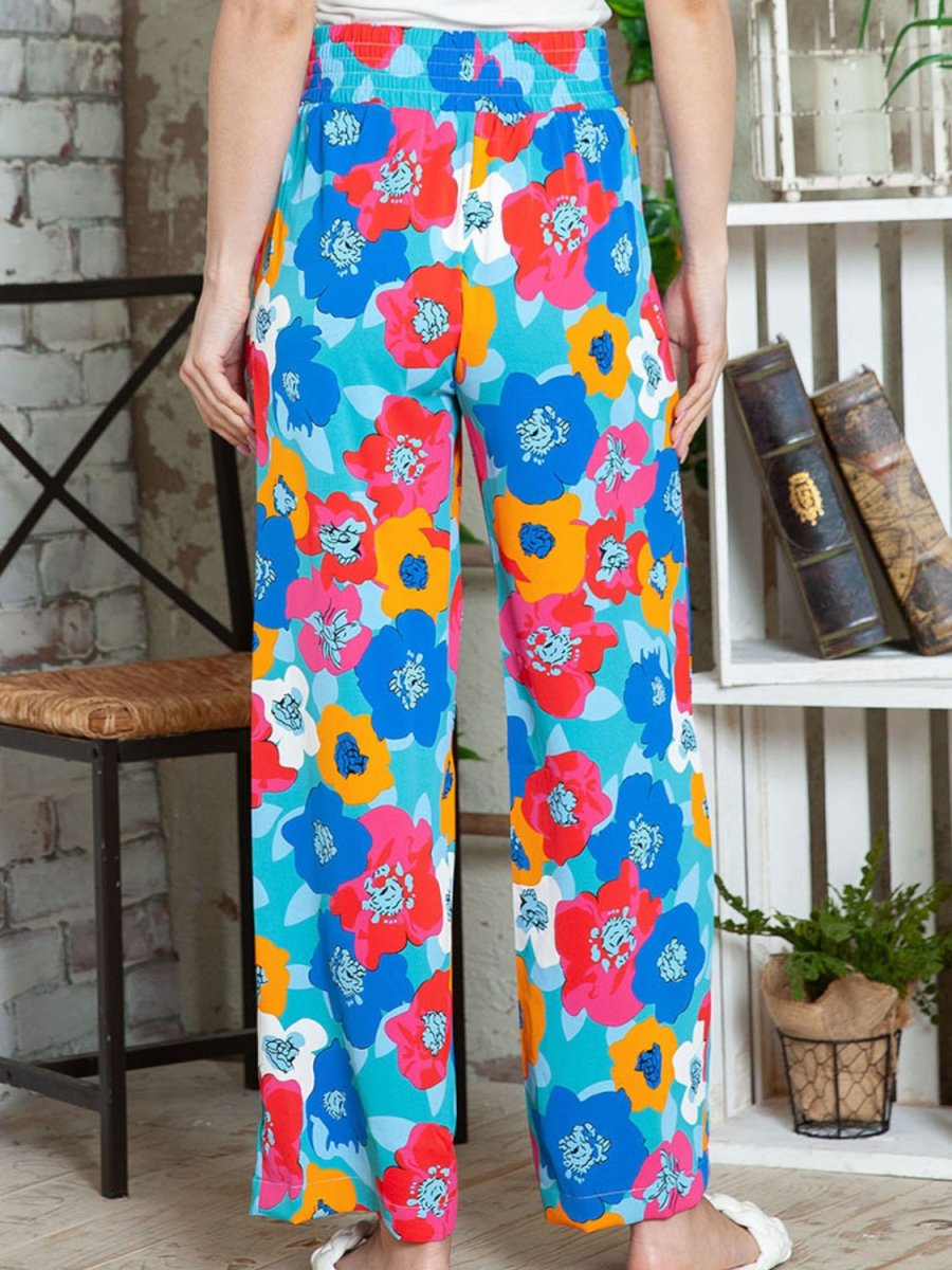 Printed Drawstring Wide Leg Pants - Bottoms