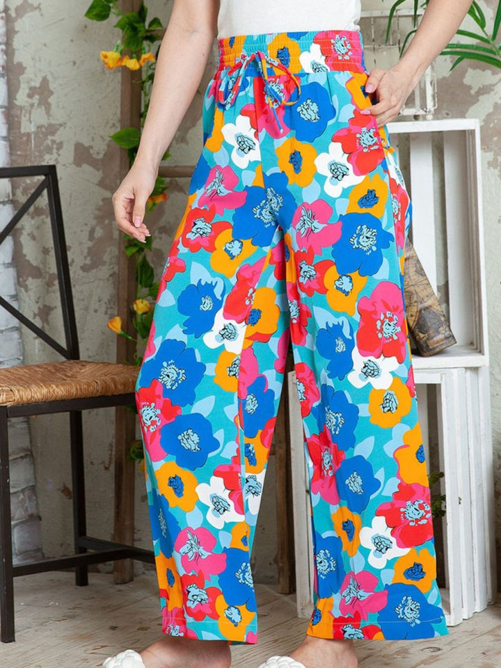 Printed Drawstring Wide Leg Pants - Bottoms