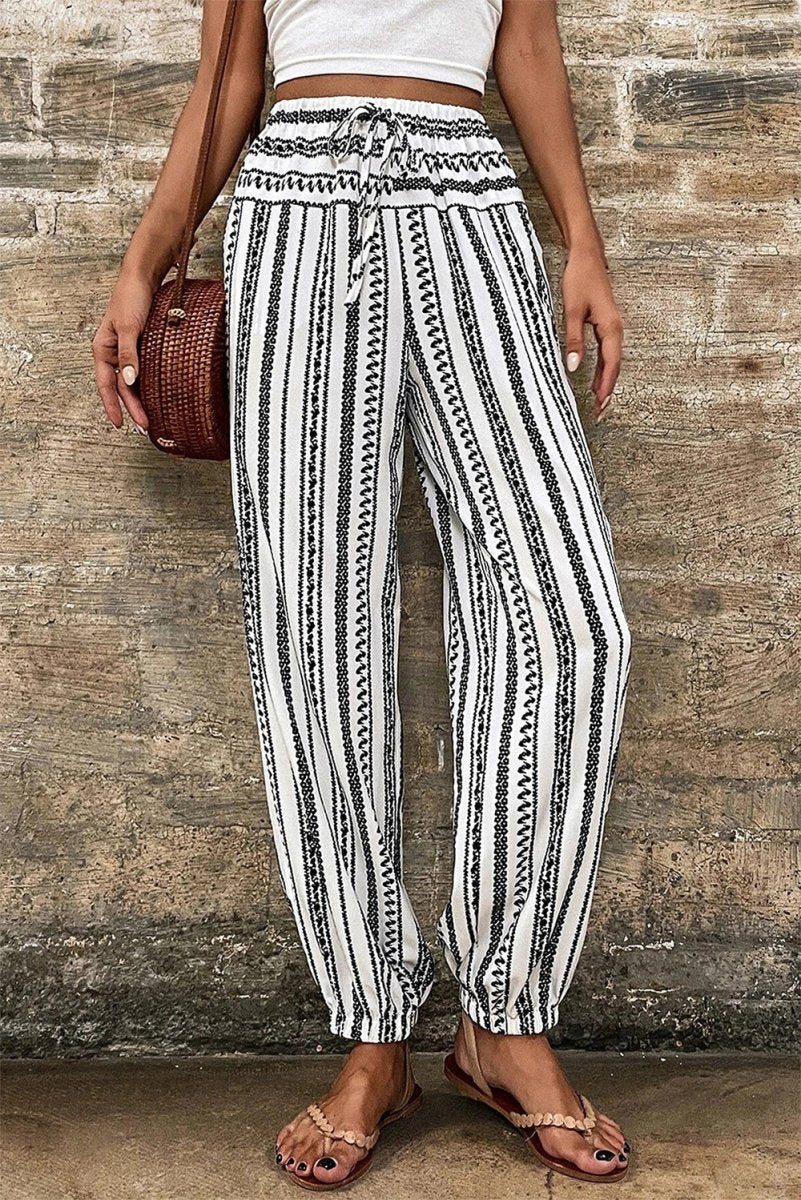 Printed Elastic Waist Pants - Bottoms
